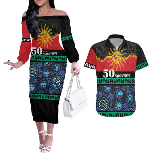 Personalised Australian Aboriginal Torres Strait Islanders Couples Matching Off The Shoulder Long Sleeve Dress and Hawaiian Shirt Together We Rise Together We Stay Deadly