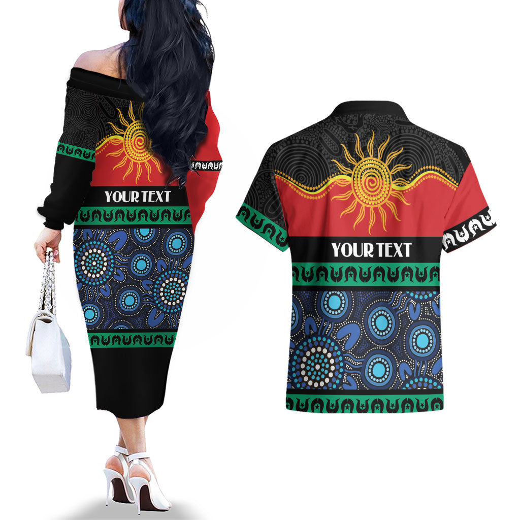 Personalised Australian Aboriginal Torres Strait Islanders Couples Matching Off The Shoulder Long Sleeve Dress and Hawaiian Shirt Together We Rise Together We Stay Deadly