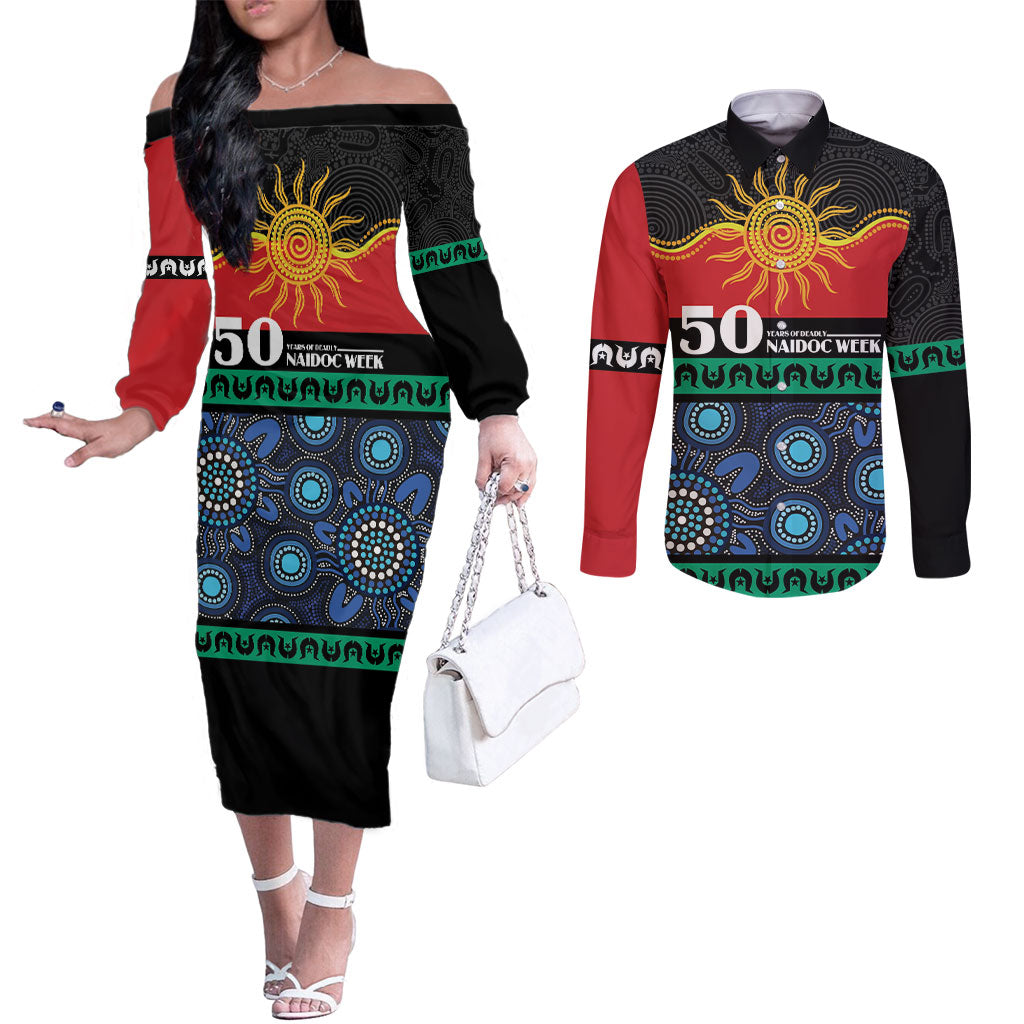 Personalised Australian Aboriginal Torres Strait Islanders Couples Matching Off The Shoulder Long Sleeve Dress and Long Sleeve Button Shirt Together We Rise Together We Stay Deadly