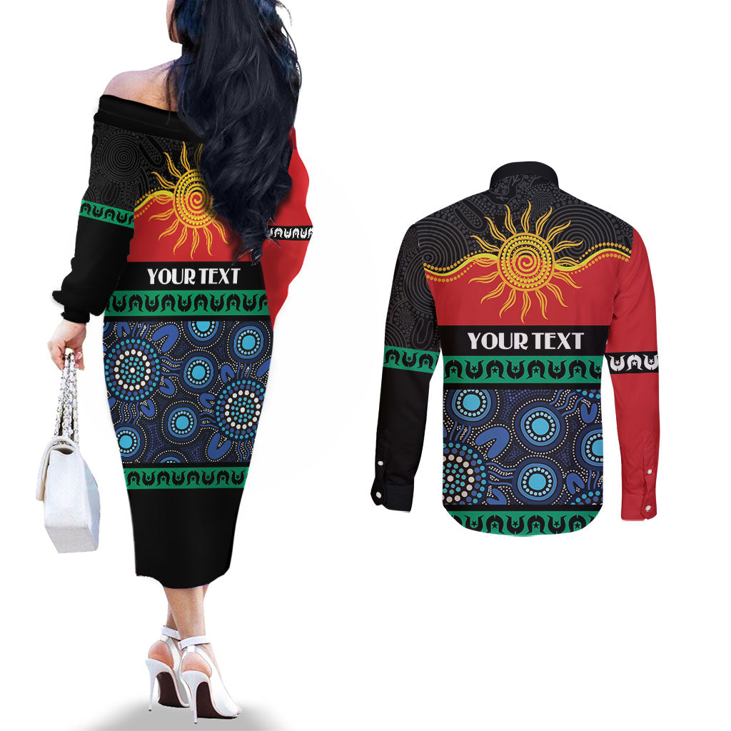 Personalised Australian Aboriginal Torres Strait Islanders Couples Matching Off The Shoulder Long Sleeve Dress and Long Sleeve Button Shirt Together We Rise Together We Stay Deadly