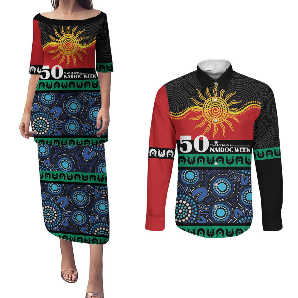 Personalised Australian Aboriginal Torres Strait Islanders Couples Matching Puletasi and Long Sleeve Button Shirt Together We Rise Together We Stay Deadly