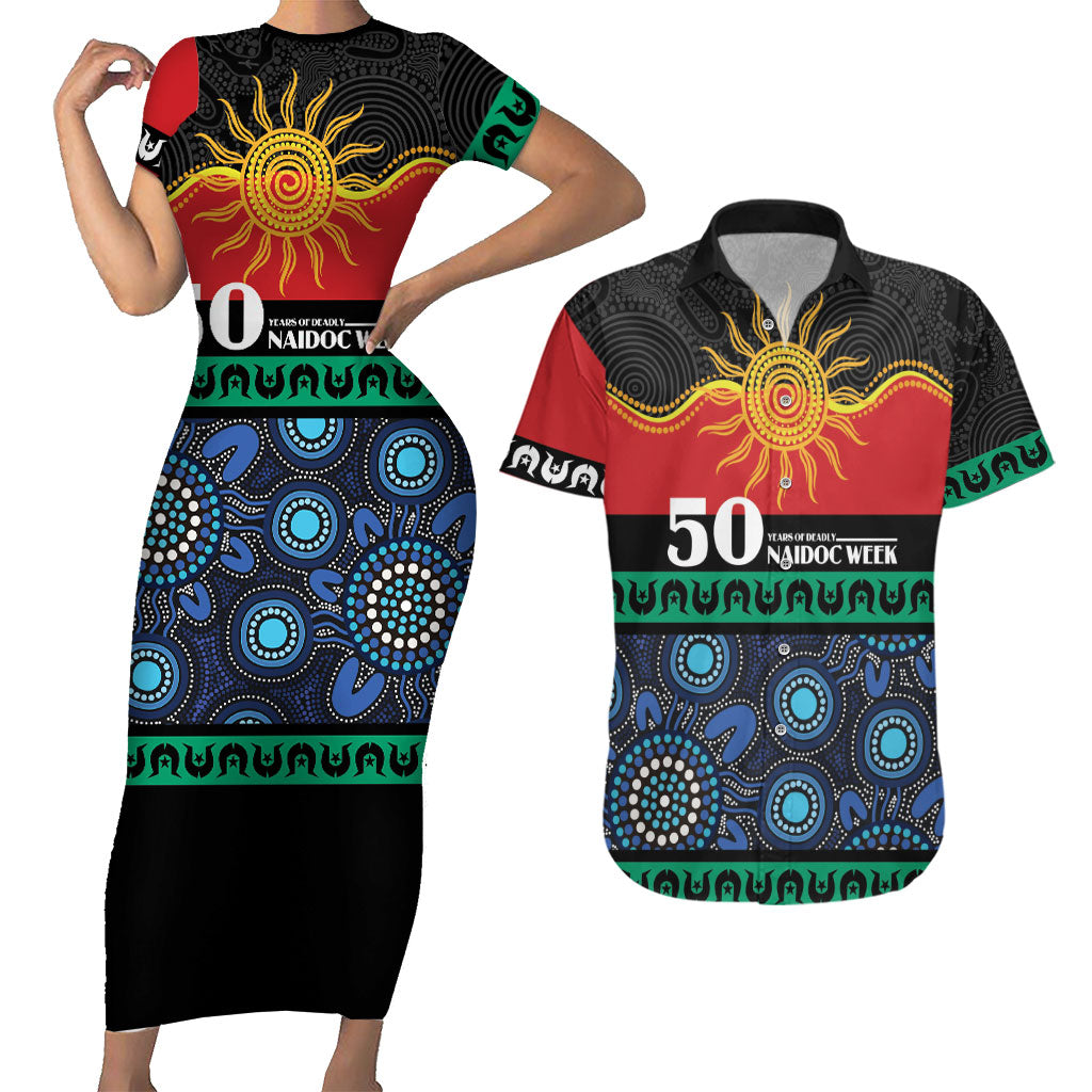Personalised Australian Aboriginal Torres Strait Islanders Couples Matching Short Sleeve Bodycon Dress and Hawaiian Shirt Together We Rise Together We Stay Deadly