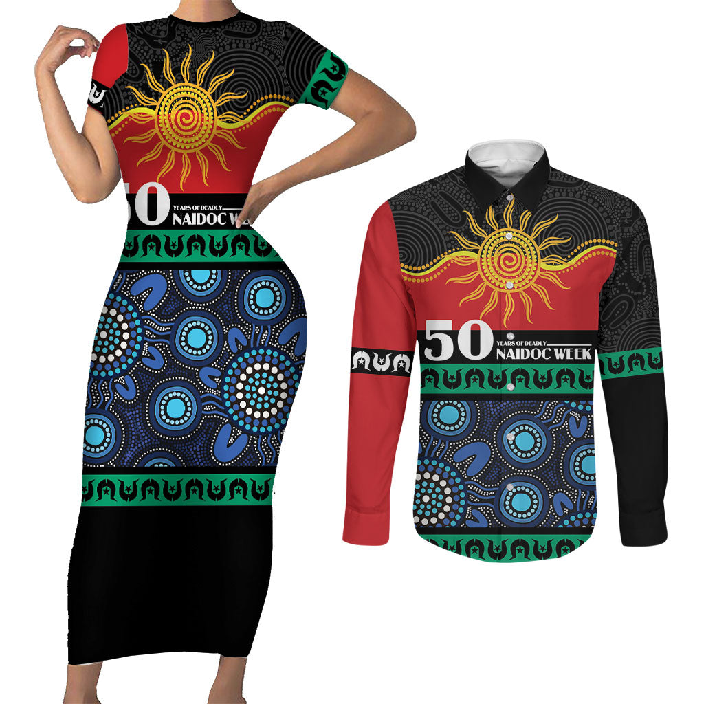 Personalised Australian Aboriginal Torres Strait Islanders Couples Matching Short Sleeve Bodycon Dress and Long Sleeve Button Shirt Together We Rise Together We Stay Deadly