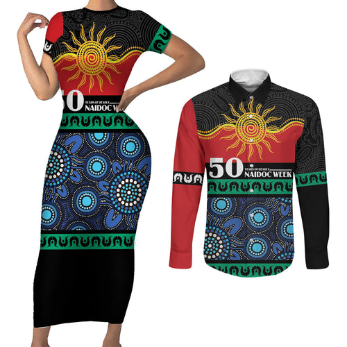 Personalised Australian Aboriginal Torres Strait Islanders Couples Matching Short Sleeve Bodycon Dress and Long Sleeve Button Shirt Together We Rise Together We Stay Deadly