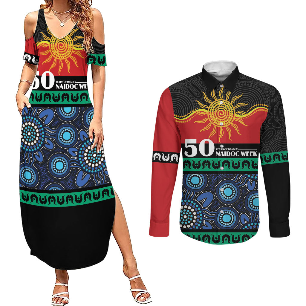 Personalised Australian Aboriginal Torres Strait Islanders Couples Matching Summer Maxi Dress and Long Sleeve Button Shirt Together We Rise Together We Stay Deadly