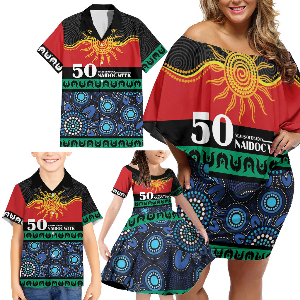 Personalised Australian Aboriginal Torres Strait Islanders Family Matching Off Shoulder Short Dress and Hawaiian Shirt Together We Rise Together We Stay Deadly