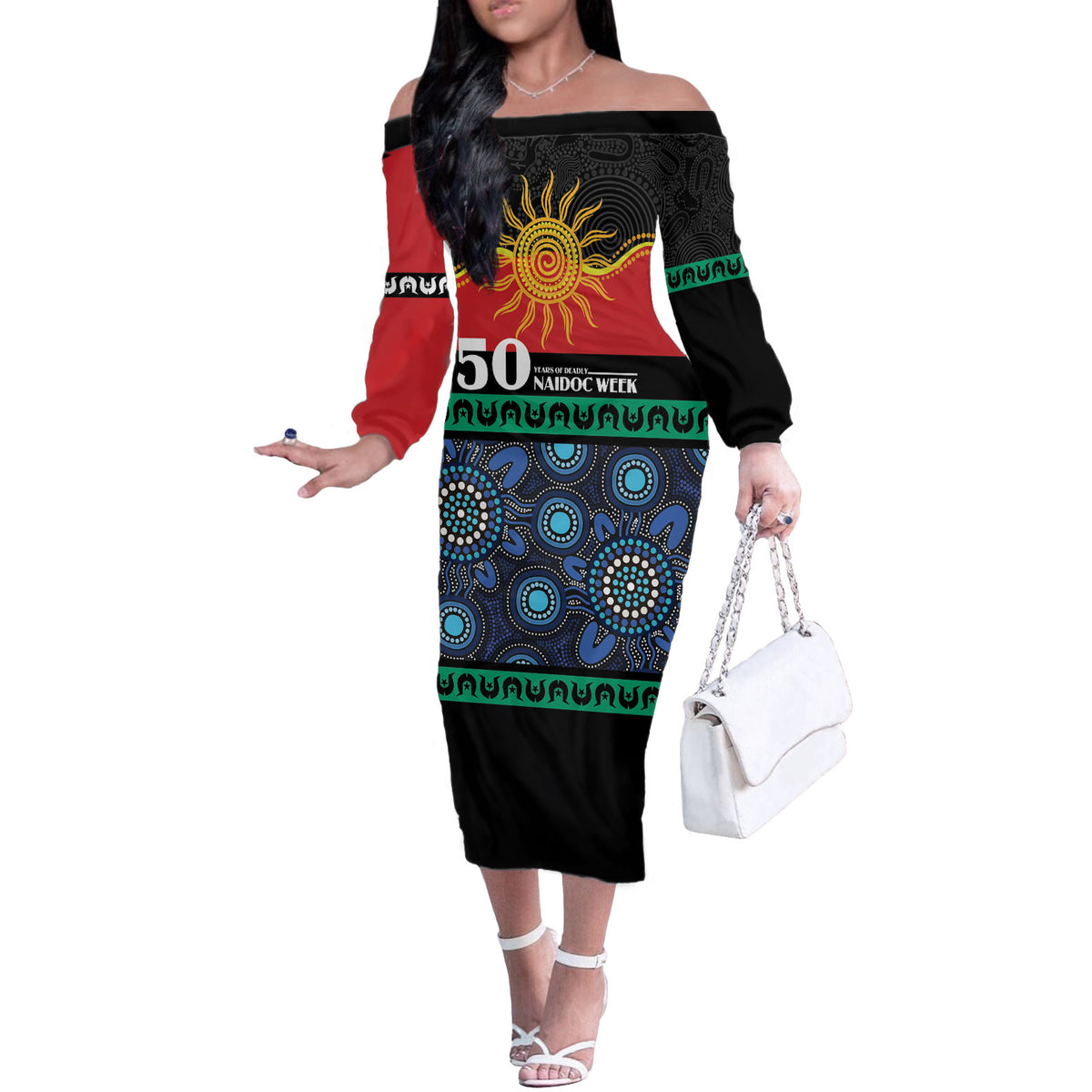 Personalised Australian Aboriginal Torres Strait Islanders Off The Shoulder Long Sleeve Dress Together We Rise Together We Stay Deadly
