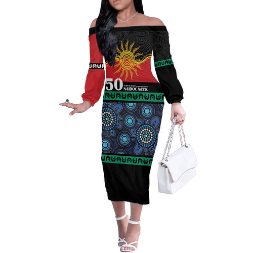 Personalised Australian Aboriginal Torres Strait Islanders Off The Shoulder Long Sleeve Dress Together We Rise Together We Stay Deadly