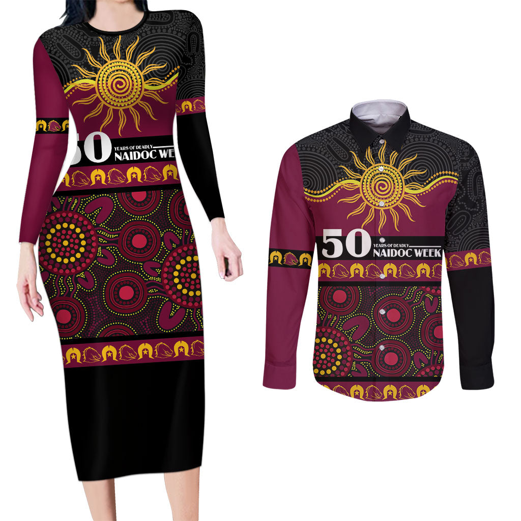 Broncos NAIDOC Week Personalised Couples Matching Long Sleeve Bodycon Dress and Long Sleeve Button Shirt Aboriginal Torres Strait Islanders Vibe