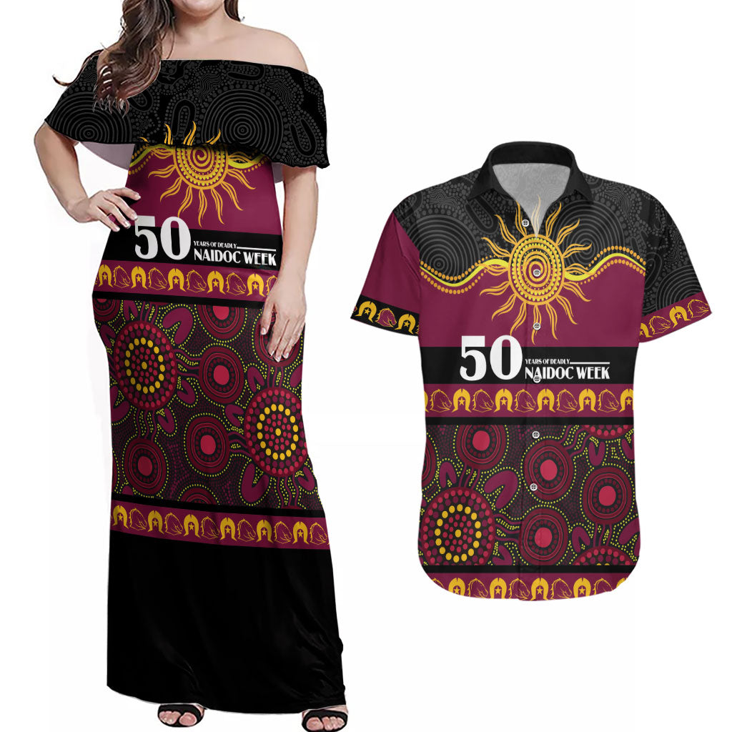 Broncos NAIDOC Week Personalised Couples Matching Off Shoulder Maxi Dress and Hawaiian Shirt Aboriginal Torres Strait Islanders Vibe