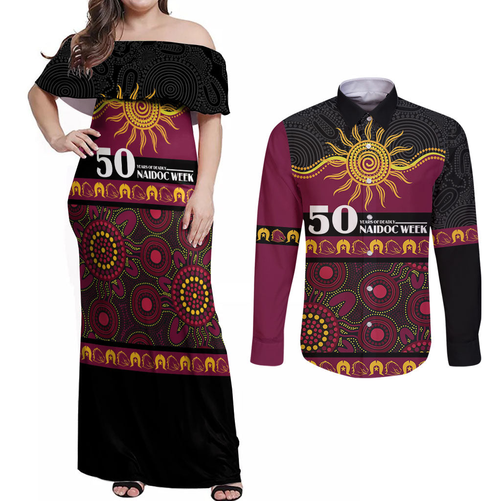 Broncos NAIDOC Week Personalised Couples Matching Off Shoulder Maxi Dress and Long Sleeve Button Shirt Aboriginal Torres Strait Islanders Vibe
