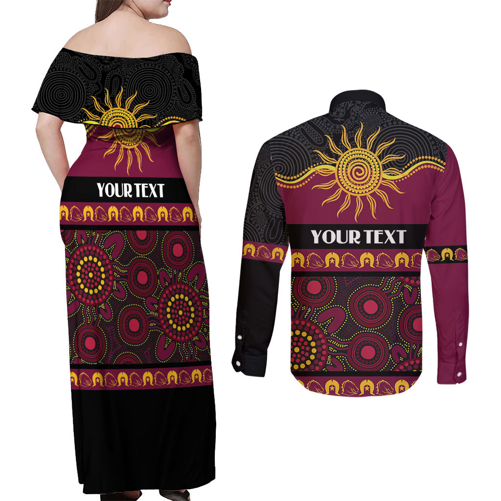 Broncos NAIDOC Week Personalised Couples Matching Off Shoulder Maxi Dress and Long Sleeve Button Shirt Aboriginal Torres Strait Islanders Vibe
