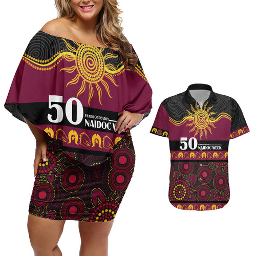 Broncos NAIDOC Week Personalised Couples Matching Off Shoulder Short Dress and Hawaiian Shirt Aboriginal Torres Strait Islanders Vibe