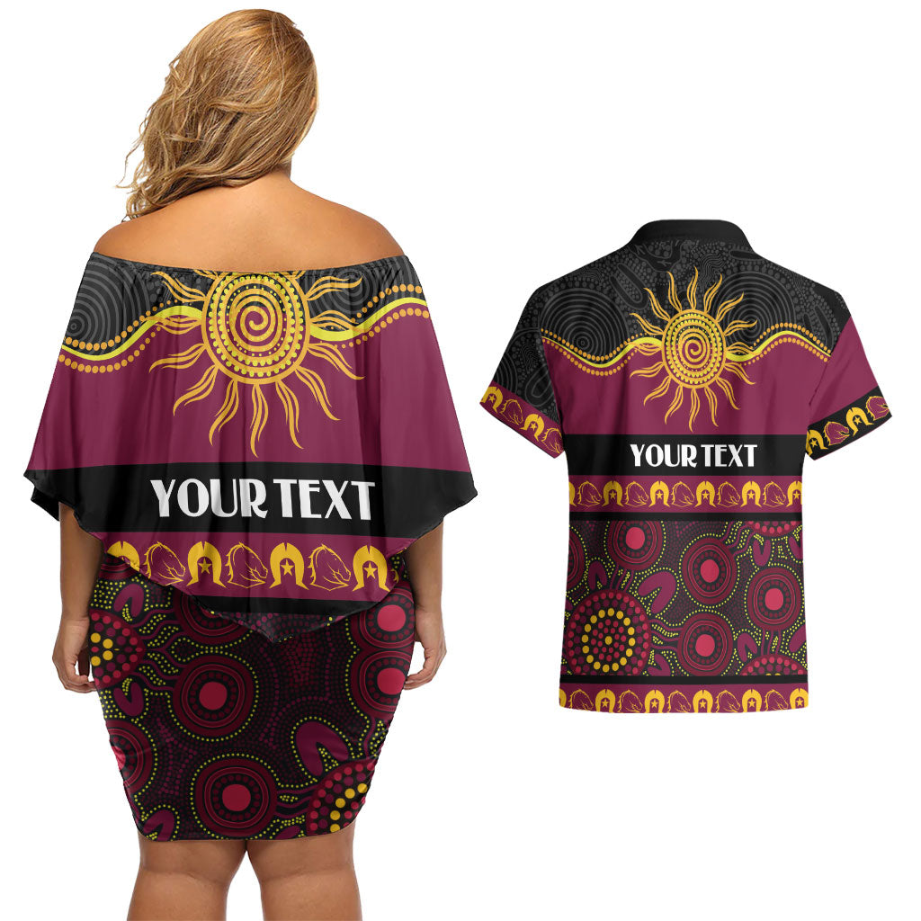 Broncos NAIDOC Week Personalised Couples Matching Off Shoulder Short Dress and Hawaiian Shirt Aboriginal Torres Strait Islanders Vibe