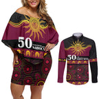 Broncos NAIDOC Week Personalised Couples Matching Off Shoulder Short Dress and Long Sleeve Button Shirt Aboriginal Torres Strait Islanders Vibe