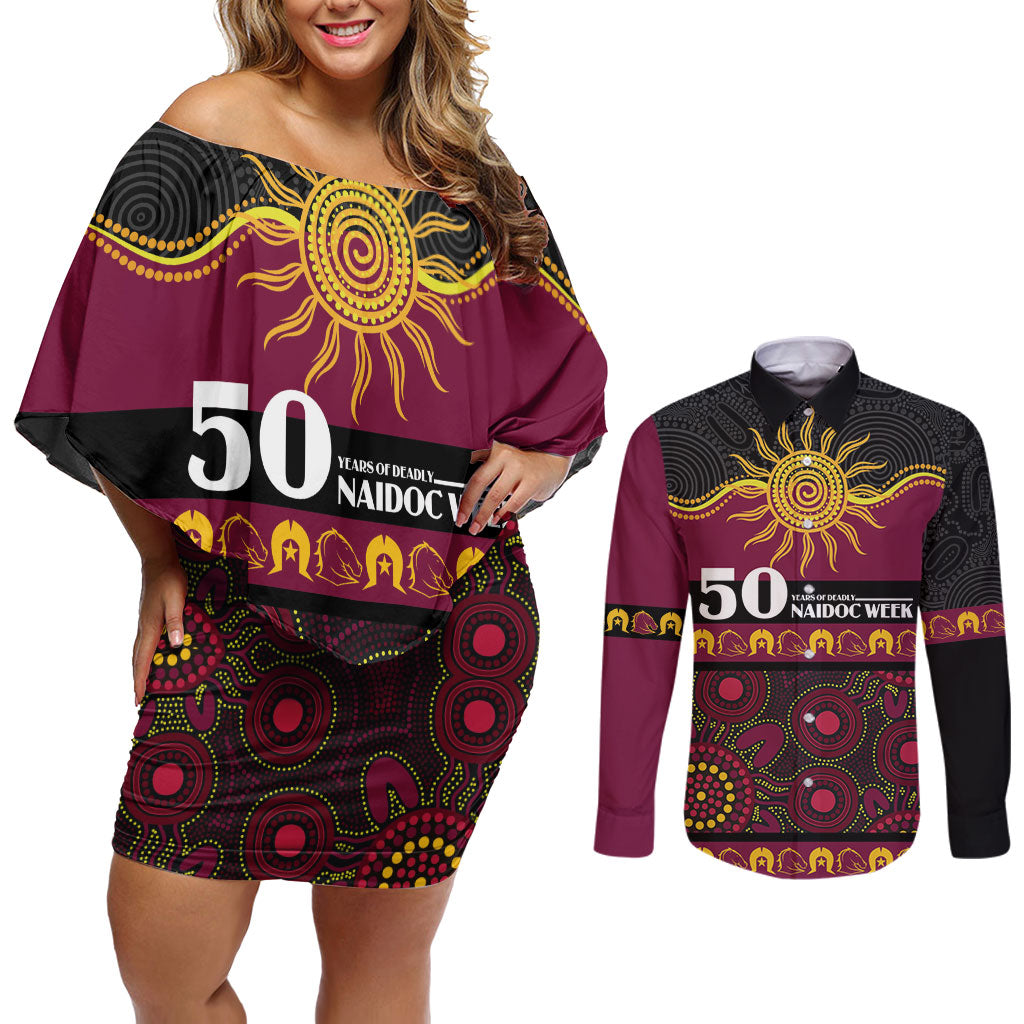 Broncos NAIDOC Week Personalised Couples Matching Off Shoulder Short Dress and Long Sleeve Button Shirt Aboriginal Torres Strait Islanders Vibe