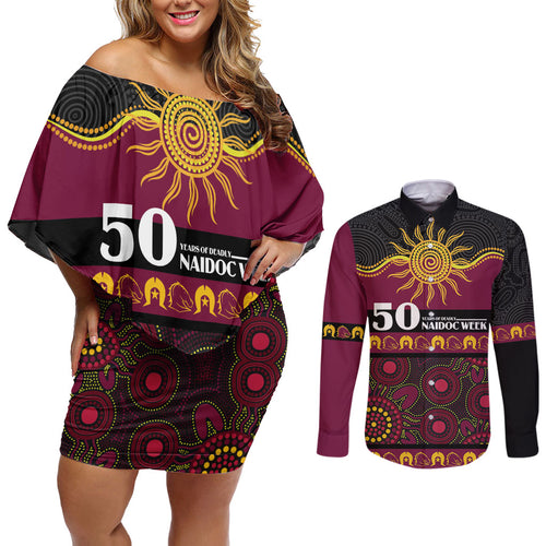 Broncos NAIDOC Week Personalised Couples Matching Off Shoulder Short Dress and Long Sleeve Button Shirt Aboriginal Torres Strait Islanders Vibe