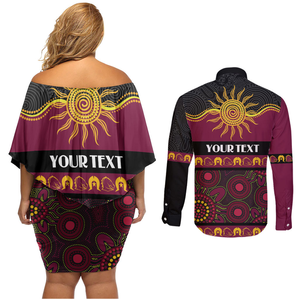 Broncos NAIDOC Week Personalised Couples Matching Off Shoulder Short Dress and Long Sleeve Button Shirt Aboriginal Torres Strait Islanders Vibe