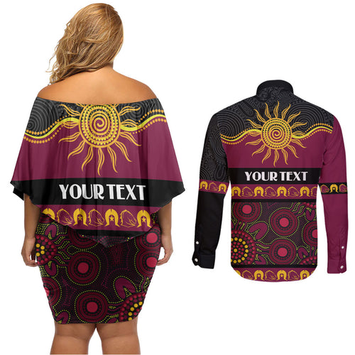 Broncos NAIDOC Week Personalised Couples Matching Off Shoulder Short Dress and Long Sleeve Button Shirt Aboriginal Torres Strait Islanders Vibe