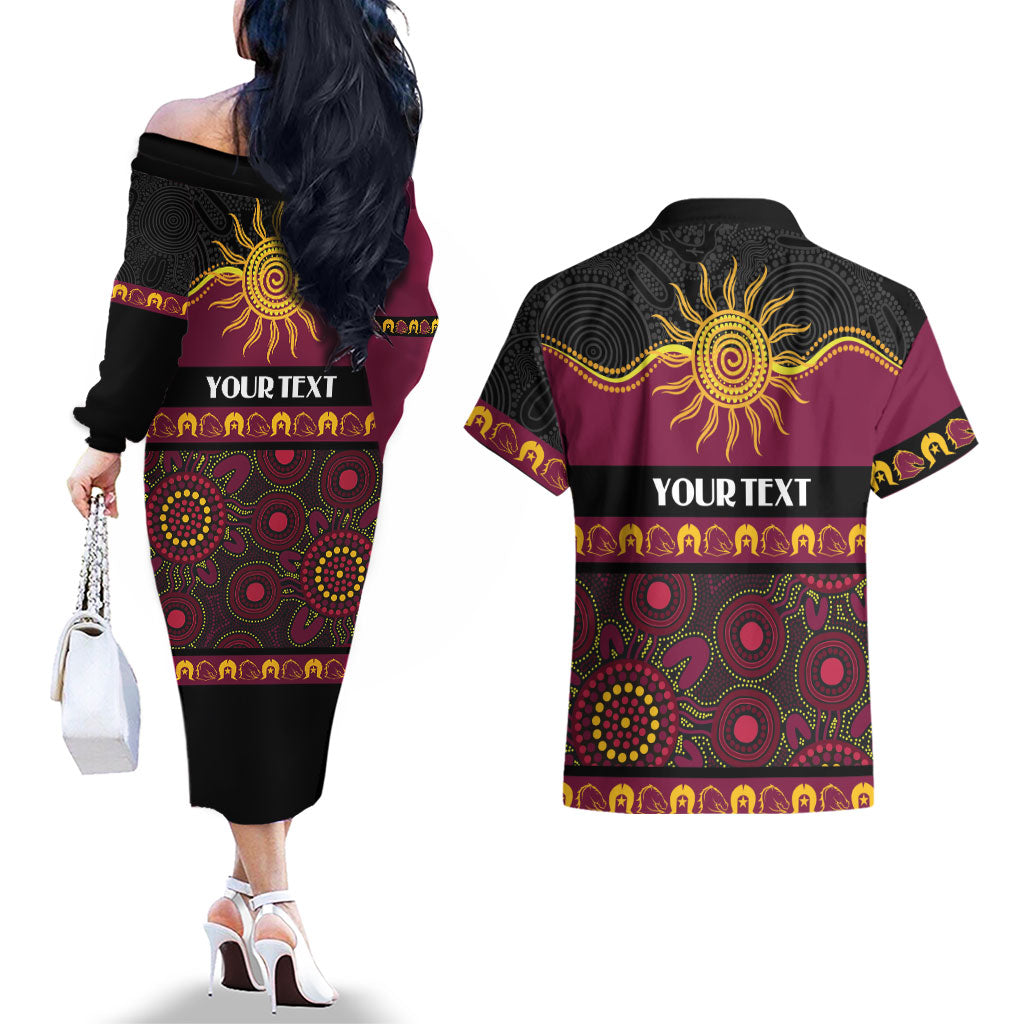 Broncos NAIDOC Week Personalised Couples Matching Off The Shoulder Long Sleeve Dress and Hawaiian Shirt Aboriginal Torres Strait Islanders Vibe