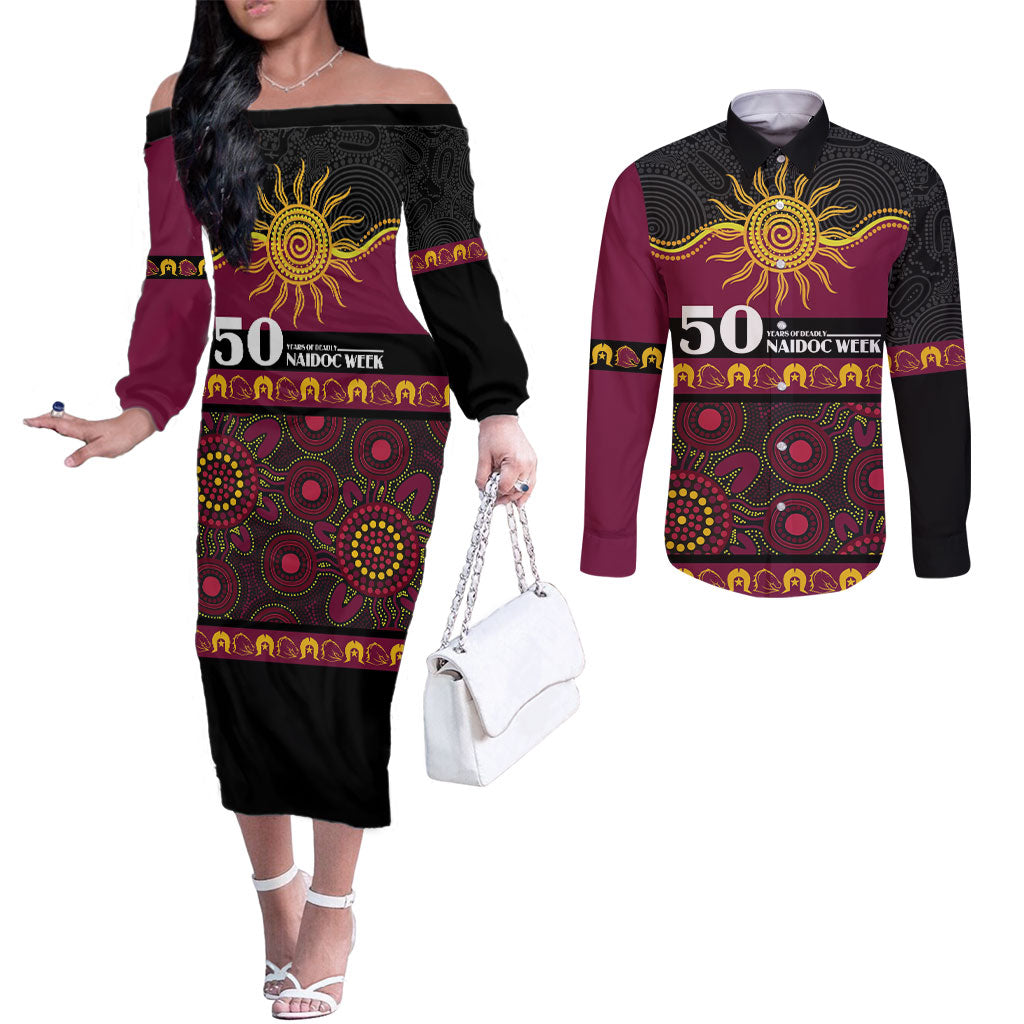 Broncos NAIDOC Week Personalised Couples Matching Off The Shoulder Long Sleeve Dress and Long Sleeve Button Shirt Aboriginal Torres Strait Islanders Vibe