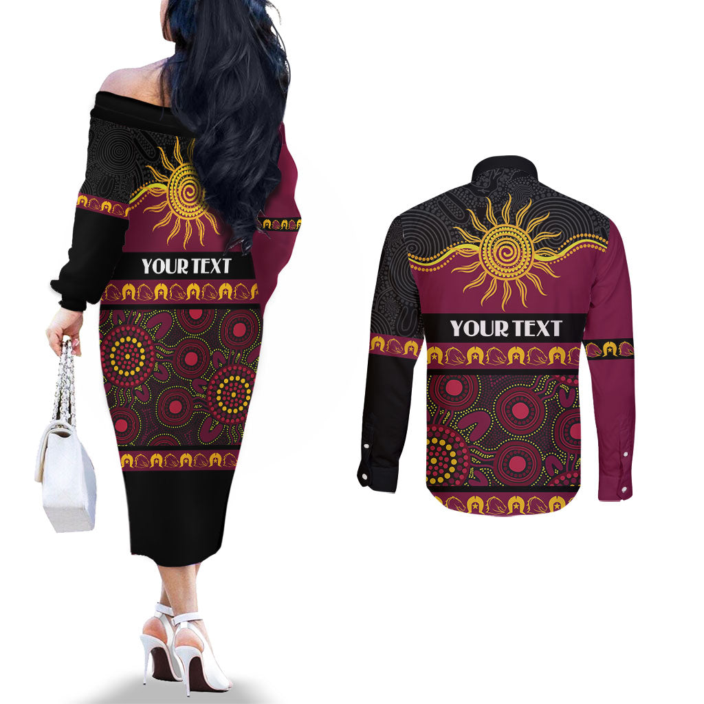 Broncos NAIDOC Week Personalised Couples Matching Off The Shoulder Long Sleeve Dress and Long Sleeve Button Shirt Aboriginal Torres Strait Islanders Vibe