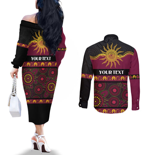 Broncos NAIDOC Week Personalised Couples Matching Off The Shoulder Long Sleeve Dress and Long Sleeve Button Shirt Aboriginal Torres Strait Islanders Vibe