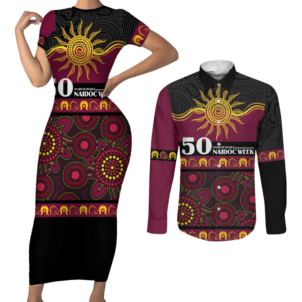 Broncos NAIDOC Week Personalised Couples Matching Short Sleeve Bodycon Dress and Long Sleeve Button Shirt Aboriginal Torres Strait Islanders Vibe