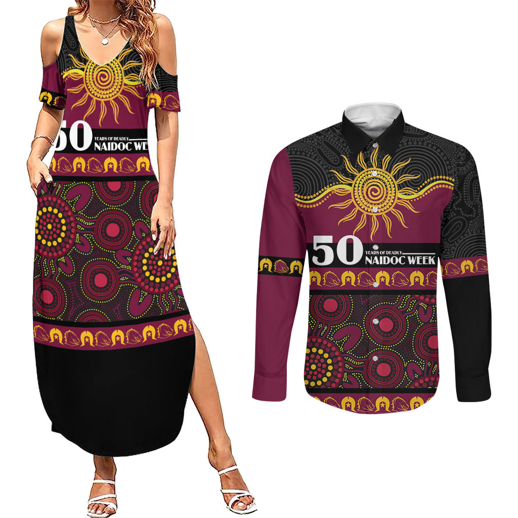 Broncos NAIDOC Week Personalised Couples Matching Summer Maxi Dress and Long Sleeve Button Shirt Aboriginal Torres Strait Islanders Vibe