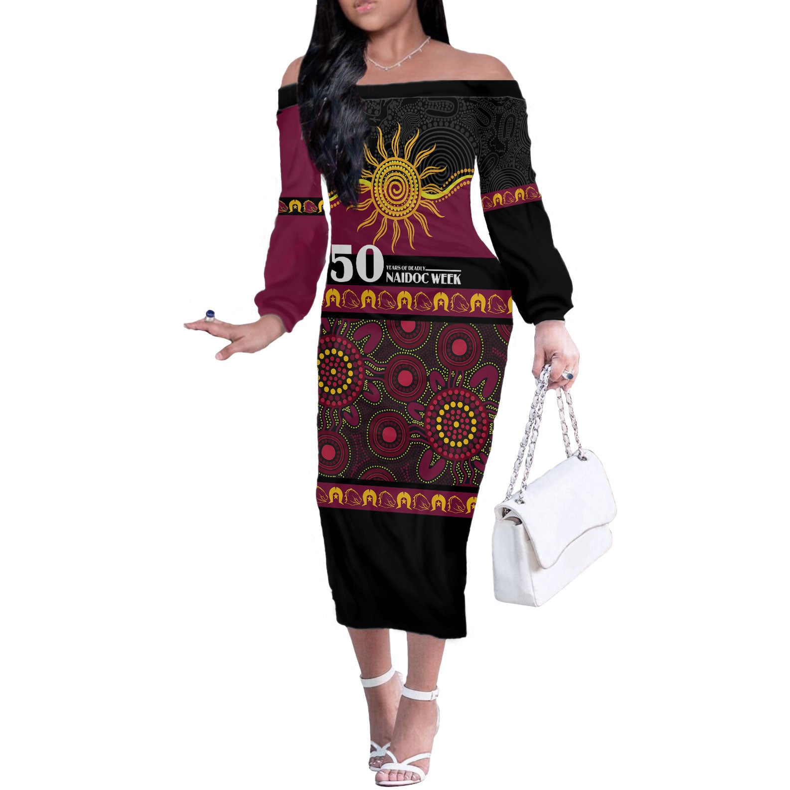 Broncos NAIDOC Week Personalised Off The Shoulder Long Sleeve Dress Aboriginal Torres Strait Islanders Vibe