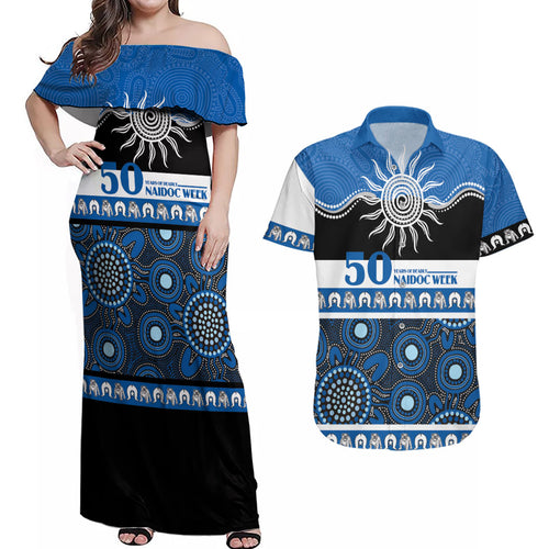 Bulldogs NAIDOC Week Personalised Couples Matching Off Shoulder Maxi Dress and Hawaiian Shirt Aboriginal Torres Strait Islanders Vibe