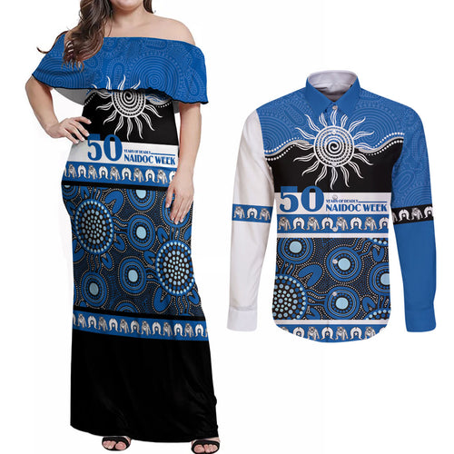 Bulldogs NAIDOC Week Personalised Couples Matching Off Shoulder Maxi Dress and Long Sleeve Button Shirt Aboriginal Torres Strait Islanders Vibe