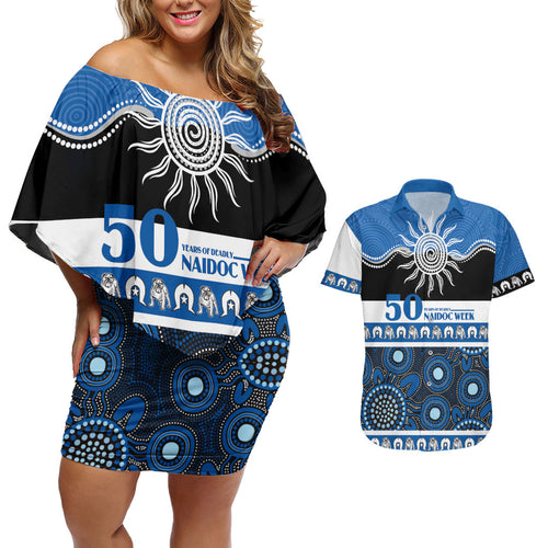 Bulldogs NAIDOC Week Personalised Couples Matching Off Shoulder Short Dress and Hawaiian Shirt Aboriginal Torres Strait Islanders Vibe