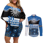 Bulldogs NAIDOC Week Personalised Couples Matching Off Shoulder Short Dress and Long Sleeve Button Shirt Aboriginal Torres Strait Islanders Vibe