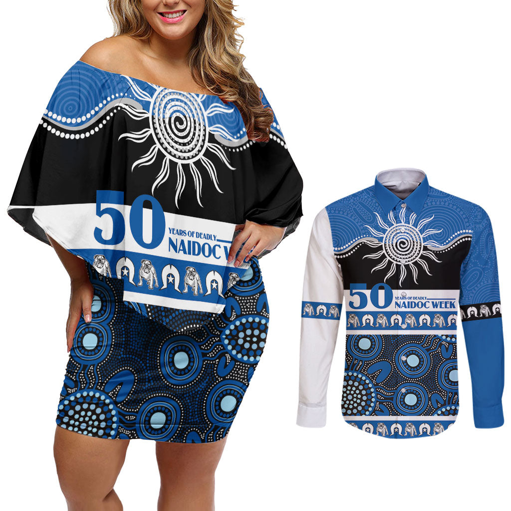Bulldogs NAIDOC Week Personalised Couples Matching Off Shoulder Short Dress and Long Sleeve Button Shirt Aboriginal Torres Strait Islanders Vibe
