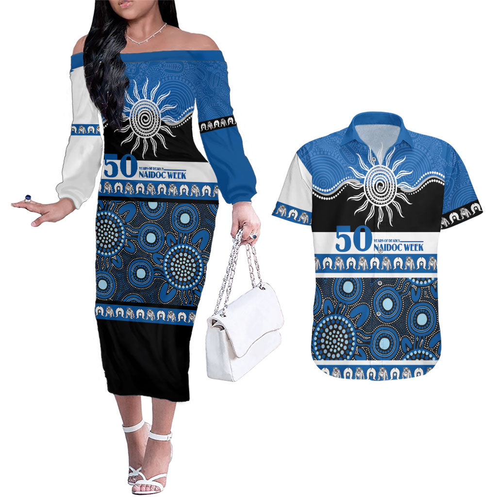 Bulldogs NAIDOC Week Personalised Couples Matching Off The Shoulder Long Sleeve Dress and Hawaiian Shirt Aboriginal Torres Strait Islanders Vibe