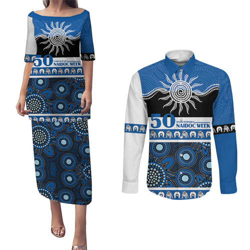 Bulldogs NAIDOC Week Personalised Couples Matching Puletasi and Long Sleeve Button Shirt Aboriginal Torres Strait Islanders Vibe