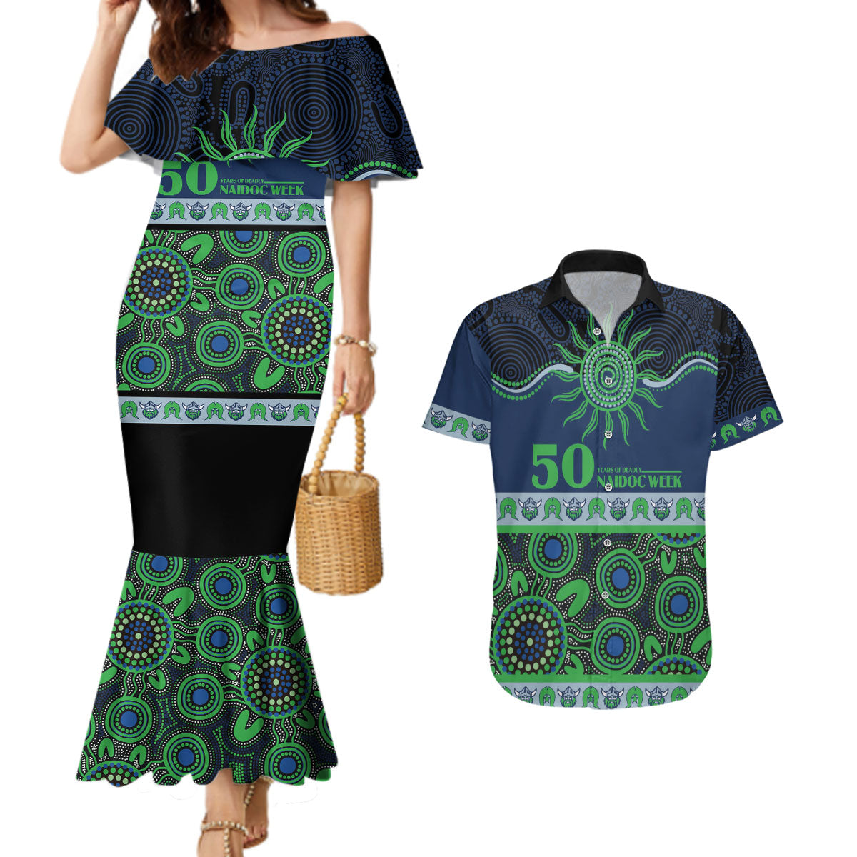 Raiders NAIDOC Week Personalised Couples Matching Mermaid Dress and Hawaiian Shirt Aboriginal Torres Strait Islanders Vibe