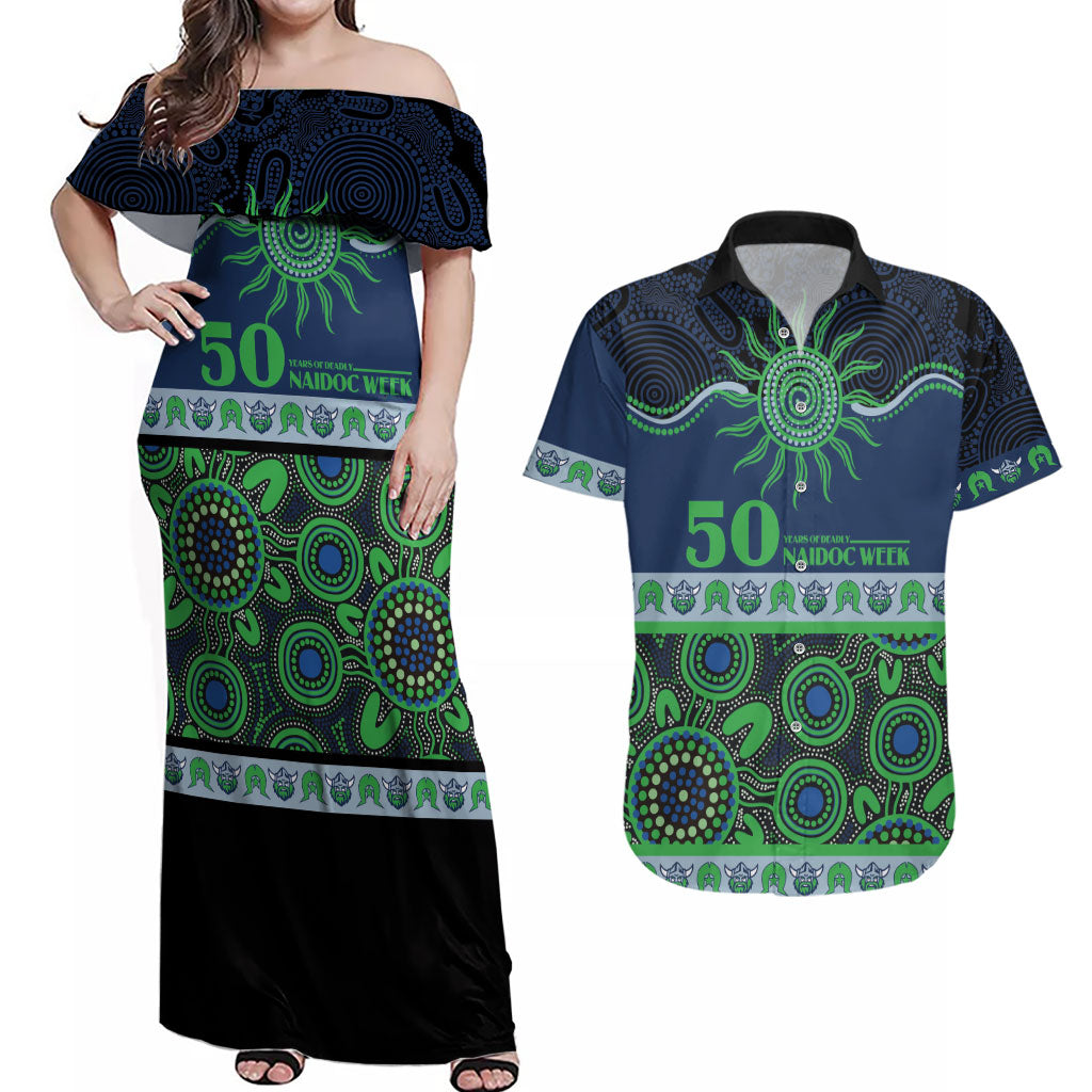 Raiders NAIDOC Week Personalised Couples Matching Off Shoulder Maxi Dress and Hawaiian Shirt Aboriginal Torres Strait Islanders Vibe