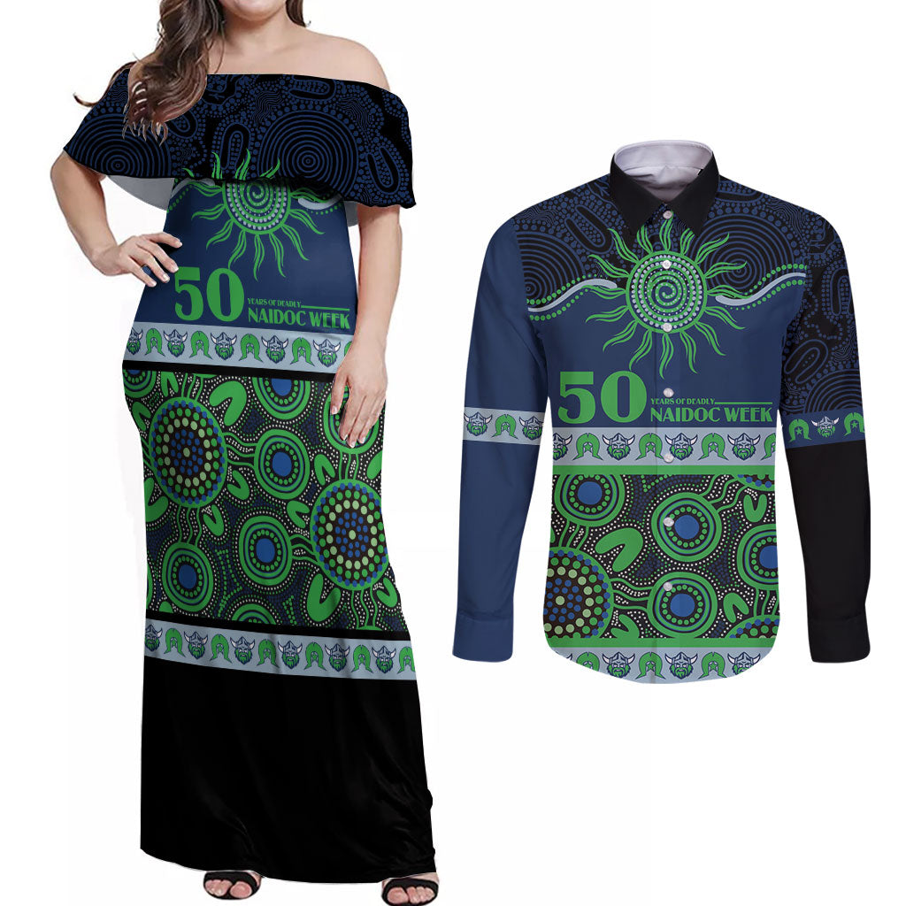 Raiders NAIDOC Week Personalised Couples Matching Off Shoulder Maxi Dress and Long Sleeve Button Shirt Aboriginal Torres Strait Islanders Vibe