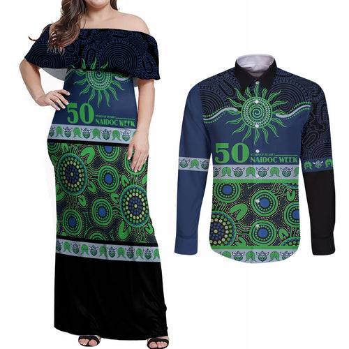 Raiders NAIDOC Week Personalised Couples Matching Off Shoulder Maxi Dress and Long Sleeve Button Shirt Aboriginal Torres Strait Islanders Vibe
