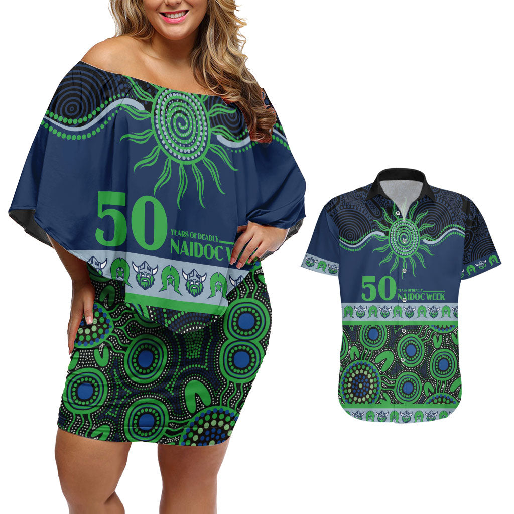 Raiders NAIDOC Week Personalised Couples Matching Off Shoulder Short Dress and Hawaiian Shirt Aboriginal Torres Strait Islanders Vibe