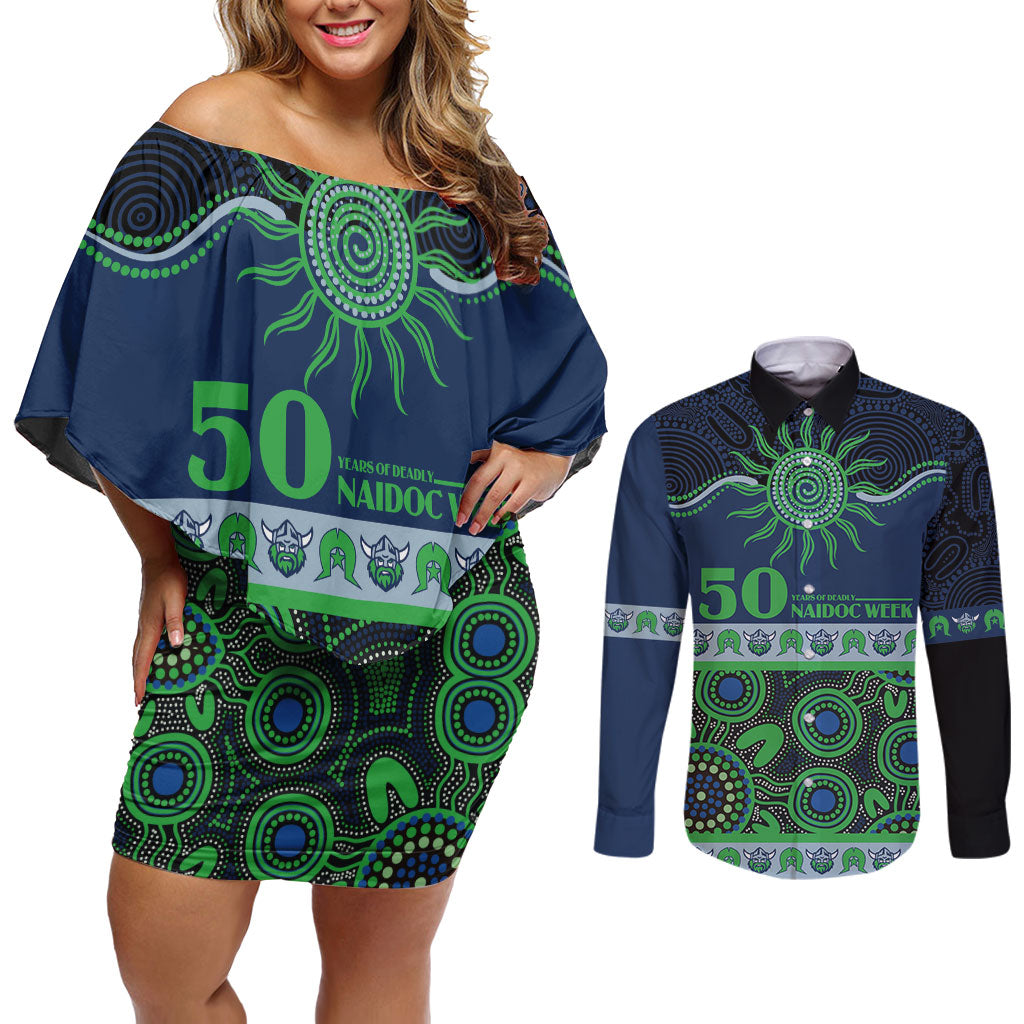 Raiders NAIDOC Week Personalised Couples Matching Off Shoulder Short Dress and Long Sleeve Button Shirt Aboriginal Torres Strait Islanders Vibe