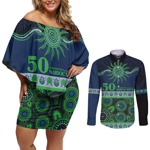 Raiders NAIDOC Week Personalised Couples Matching Off Shoulder Short Dress and Long Sleeve Button Shirt Aboriginal Torres Strait Islanders Vibe