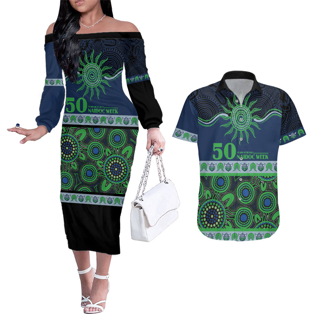 Raiders NAIDOC Week Personalised Couples Matching Off The Shoulder Long Sleeve Dress and Hawaiian Shirt Aboriginal Torres Strait Islanders Vibe
