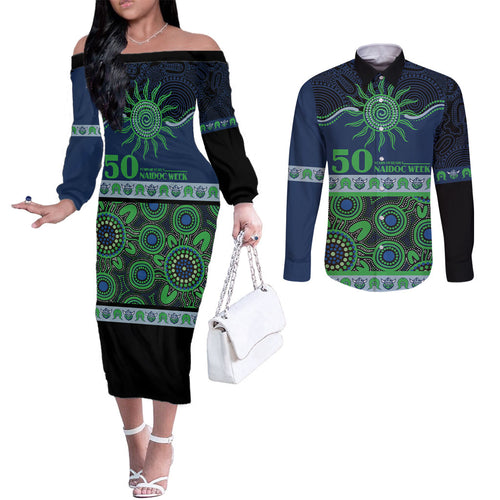 Raiders NAIDOC Week Personalised Couples Matching Off The Shoulder Long Sleeve Dress and Long Sleeve Button Shirt Aboriginal Torres Strait Islanders Vibe