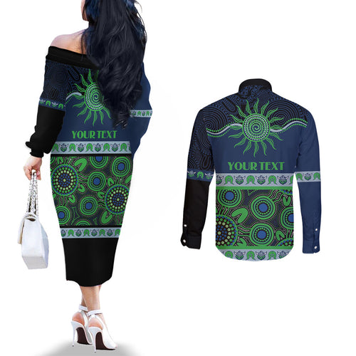Raiders NAIDOC Week Personalised Couples Matching Off The Shoulder Long Sleeve Dress and Long Sleeve Button Shirt Aboriginal Torres Strait Islanders Vibe