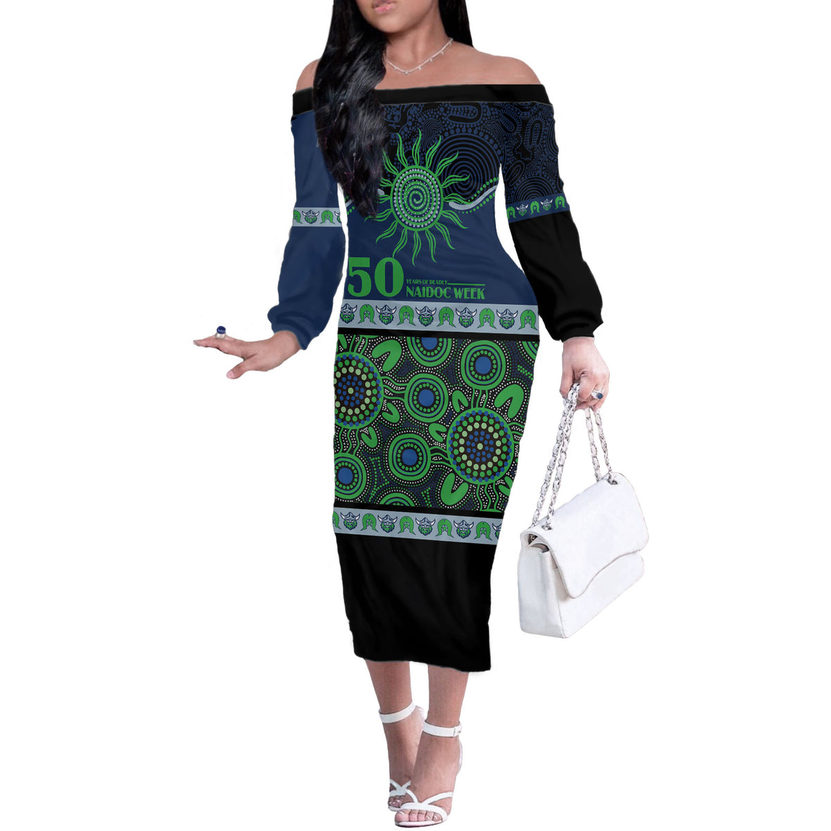 Raiders NAIDOC Week Personalised Off The Shoulder Long Sleeve Dress Aboriginal Torres Strait Islanders Vibe