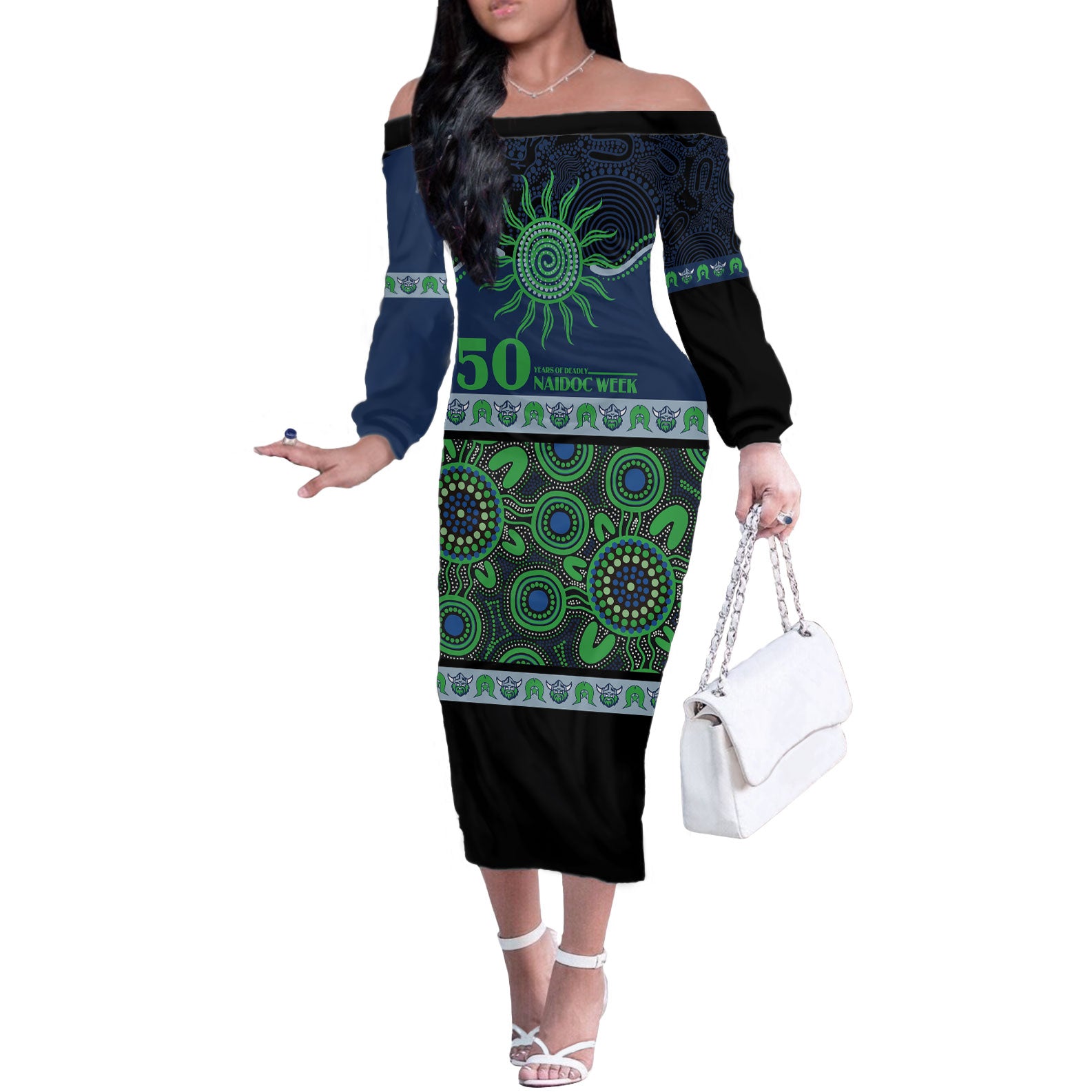 Raiders NAIDOC Week Personalised Off The Shoulder Long Sleeve Dress Aboriginal Torres Strait Islanders Vibe