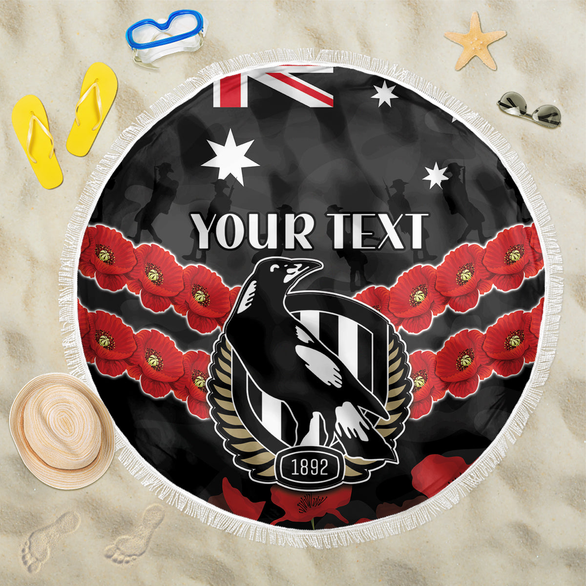 Custom Magpies Football Beach Blanket ANZAC Lest We Forget
